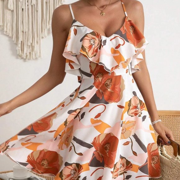 Boho Floral Print Ruffle Trim Cami Dress - Picture 1 of 6